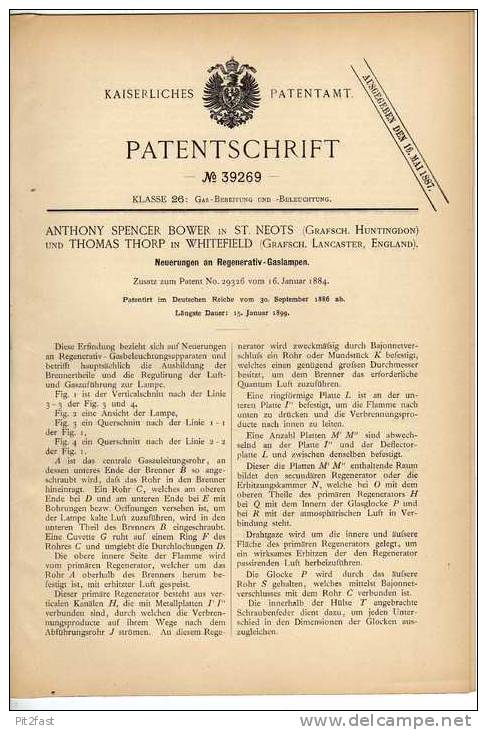 Original Patentschrift - Regenerativ - Gaslampe , 1886,  A. Spencer In St. Neots Und Whitefield !!! - Lighting & Lampshades