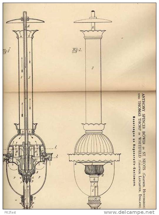 Original Patentschrift - Regenerativ - Gaslampe , 1886,  A. Spencer In St. Neots Und Whitefield !!! - Leuchten & Kronleuchter