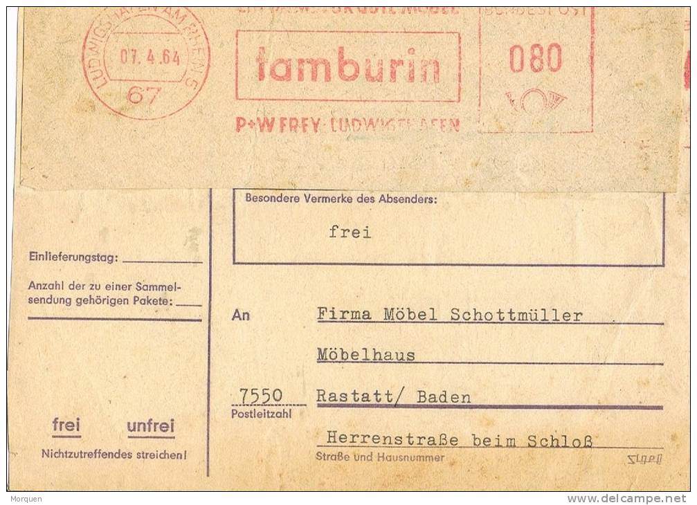 2537. Frontal LUDWIGSHAFEN (Alemania) 1964. Franqueo Mecanico TAMBURIN - Briefe U. Dokumente