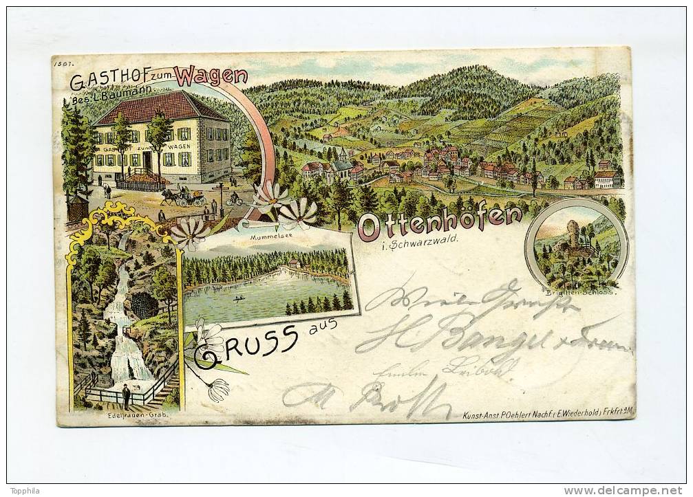 1899 Lithographie Gruss Aus Ottenhöfen,Gasthof Zum Wagen, Edelfrauengrab, Mummelsee - Hochschwarzwald