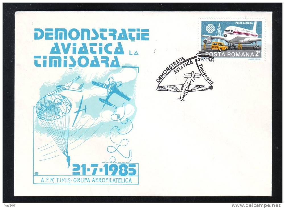 PARACHTISM, AVIATIC DEMONSTRATION, TIMISOARA, 1985, SPECIAL COVER, OBLITERATION CONCORDANTE, ROMANIA - Parachutting