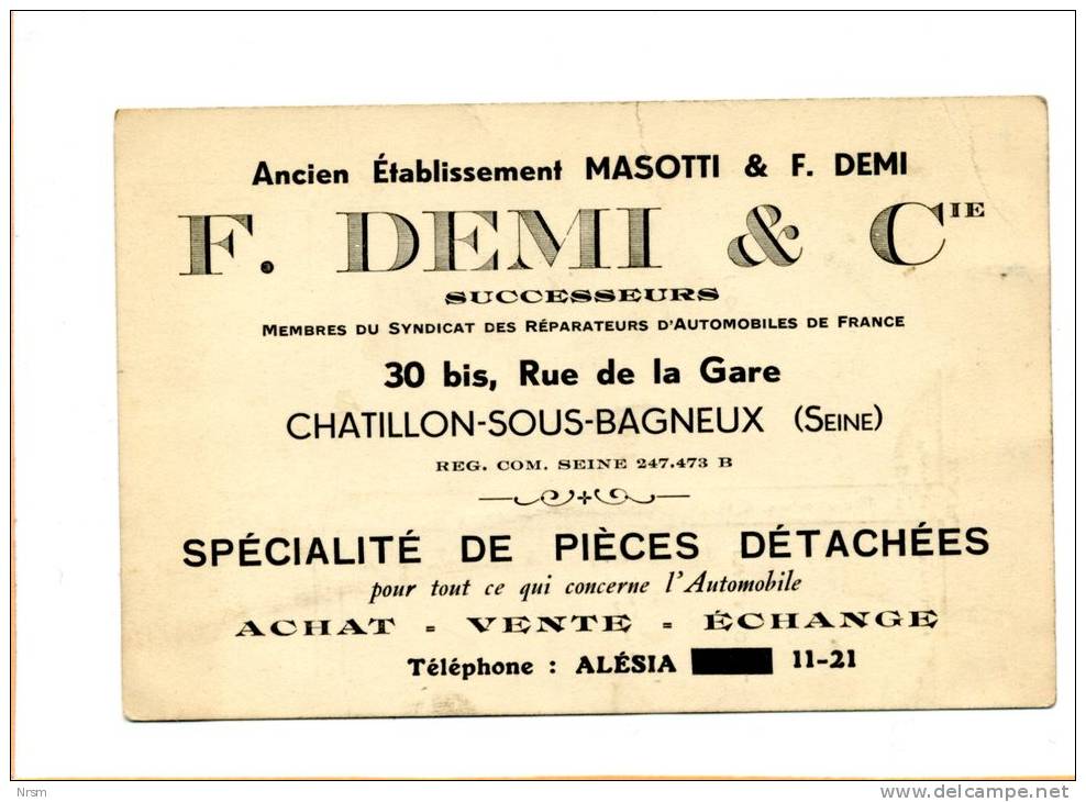 Carte De Visite Ancienne DEMI / Garage DEMI à Chatillon Sous Bagneux (Hauts De Seine) - Visitekaartjes