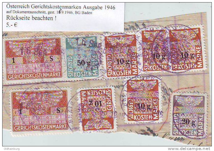 145i: Österreich Gerichtskostenmarken Ausgabe 1946 Dokumentausschnitt Baden 16.9.1946 - Steuermarken