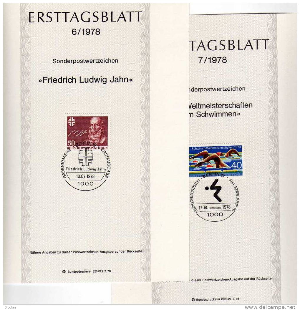 ETB III.Quartal 1978 Turnvater Jahn Freistil-Schwimmen Berlin 570-71 SST 2€ Berliner Ersttagsblatt Document Of Germany - Brieven En Documenten