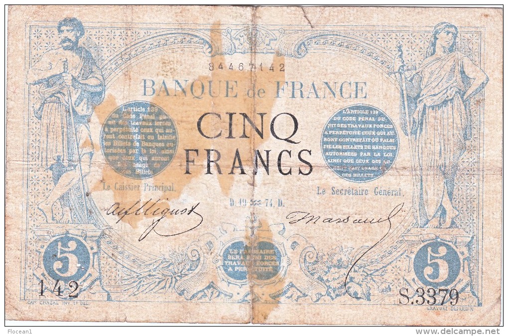 **** BILLET 5 FRANCS NOIR 19 JANVIER 1874 **** EN ACHAT IMMEDIAT !!! - 5 F 1871-1874 ''Noir''