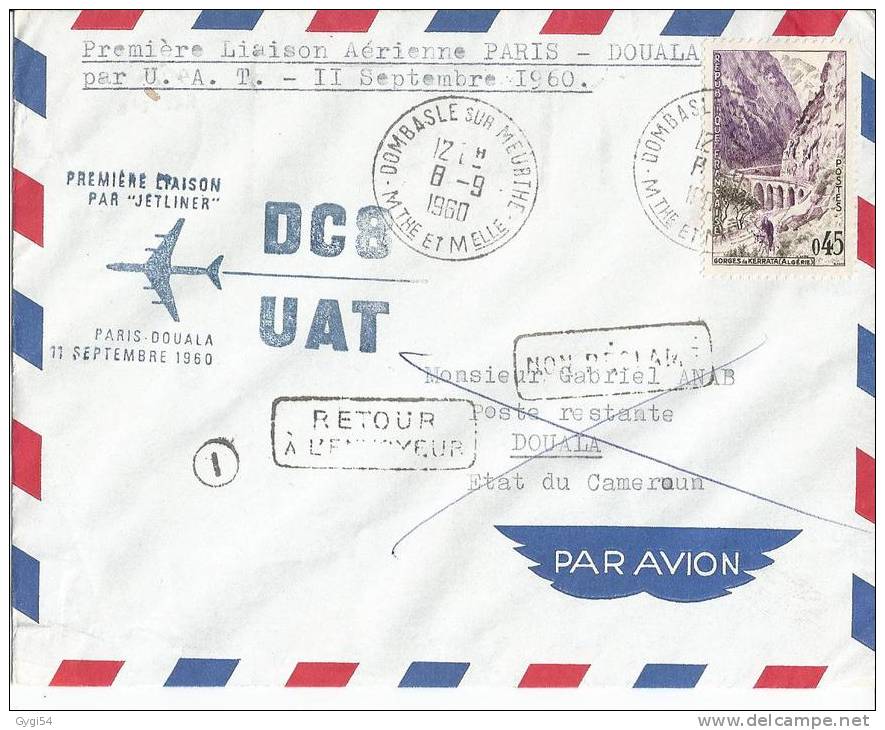 Première Liaison Aérienne Paris - -Douala   Par  U.A.T.  LE  11/09/1960 - First Flight Covers