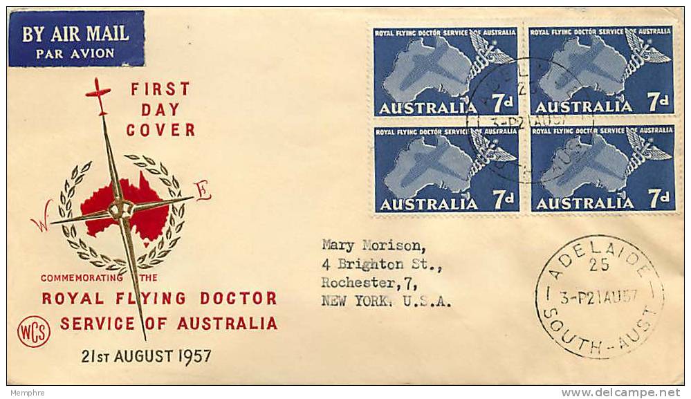 1957  Royal Flying Doctors  Wesley FDC With Date SG 297 Block Of 4 - FDC