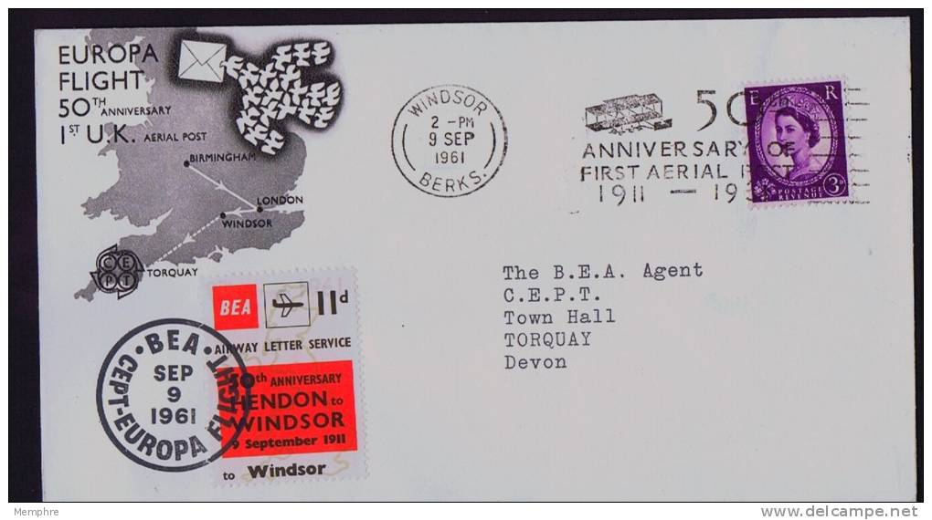 1961  50th Ann Of First Aerial Post Flight In UK  Souvenir Cover With BEA 11 D. Vignette - Covers & Documents