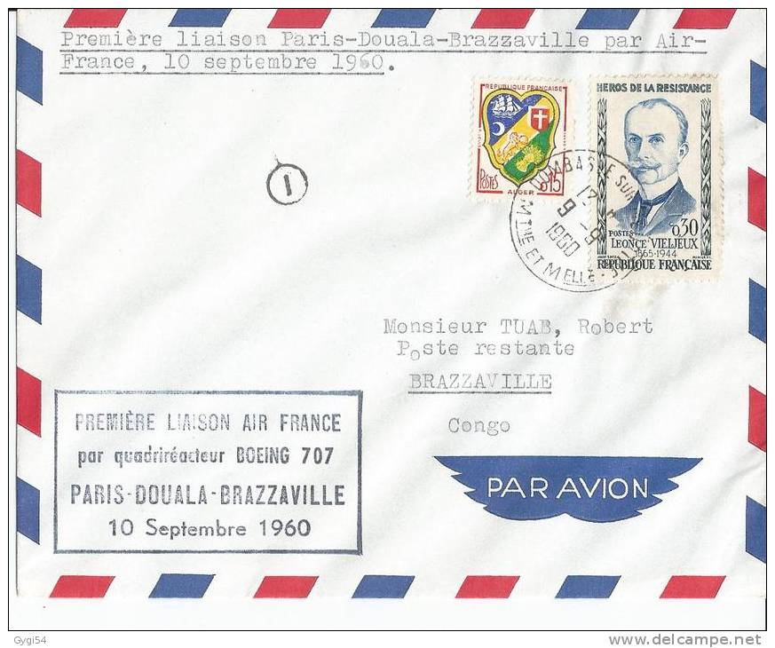 Première Liaison Aérienne Paris - Douala - Brazzaville   - Par  Air France .  LE  10/09/1960 - First Flight Covers