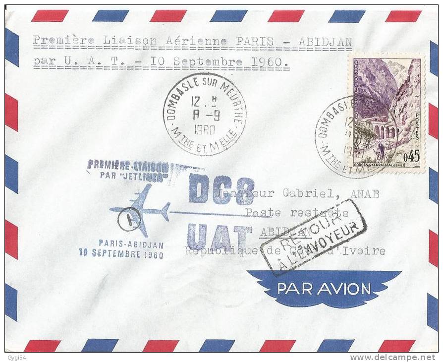 Première Liaison Aérienne Paris - Abidjan    - Par  U. A. T.  .  LE  10/09/1960 - Erst- U. Sonderflugbriefe
