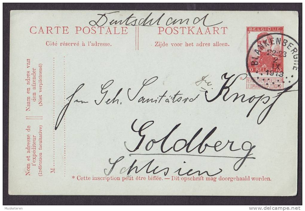Belgium Postal Stationery Ganzsache Entier Deluxe BLANKENBERGHE 1913 To GOLDBERG Schlesien Germany (2 Scans) - Postkarten 1909-1934