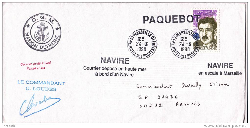Marseille Paquebot 1990 Sur Lettre Marion Dufresne (navire Des TAAF ) - Autres & Non Classés