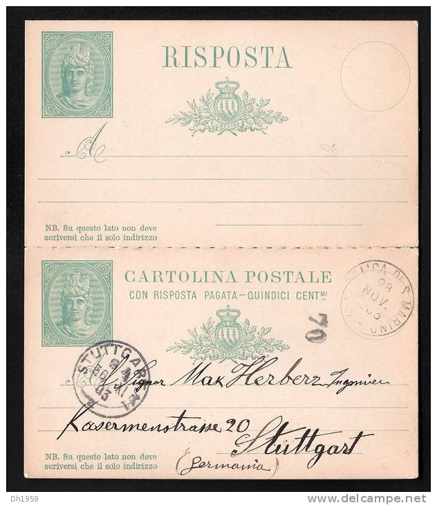 1903 SAINT MARIN SAN MARINO ITALIE ITALY ITALIEN STATIONERY ENTIER GANZSACHE CON RISPOSTA MIT ANTWORT AVEC REPONSE - Postwaardestukken