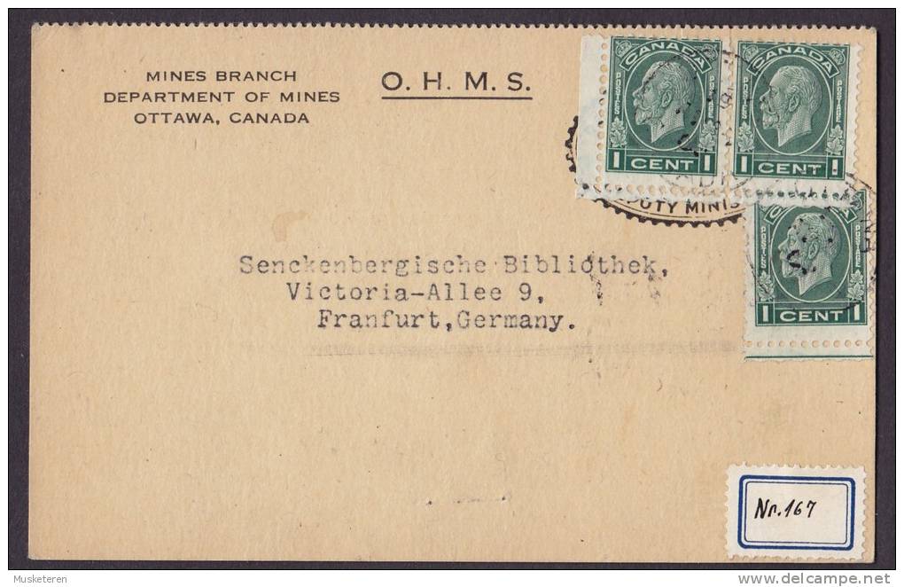 Canada O.H.M.S. King George V. MINES BRANCH Department Of Mines OTTAWA Card To FRANKFURT Germany - Briefe U. Dokumente