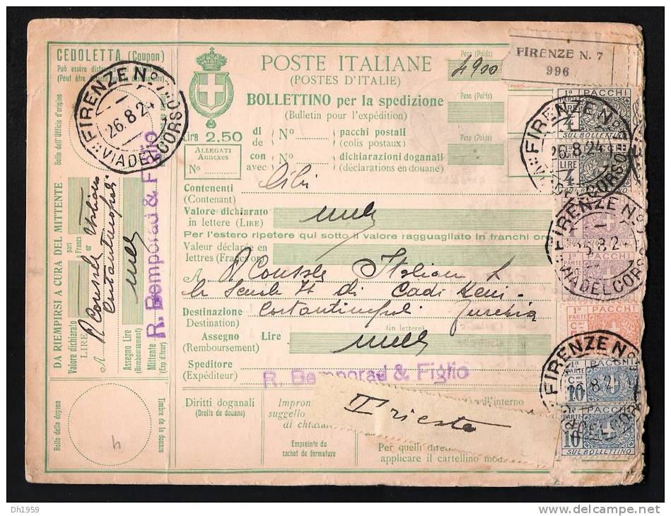 COLIS POSTAUX PAKETKARTE BULLETIN EXPEDITION ITALIE ITALY ITALIEN FIRENZE POUR CONSTANTINOPLE TURQUIE - Colis-postaux