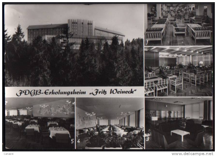 AK Oberhof: FDGB-Heim F. Weineck, Empfangshalle, Leseraum, Speisesaal, 1979 - Oberhof
