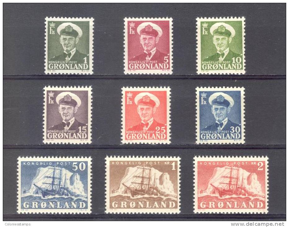 (S1165) GREENLAND, 1950-1953 (Definitive Issue). Complete Set. Mi ## 28-36. MNH** - Neufs