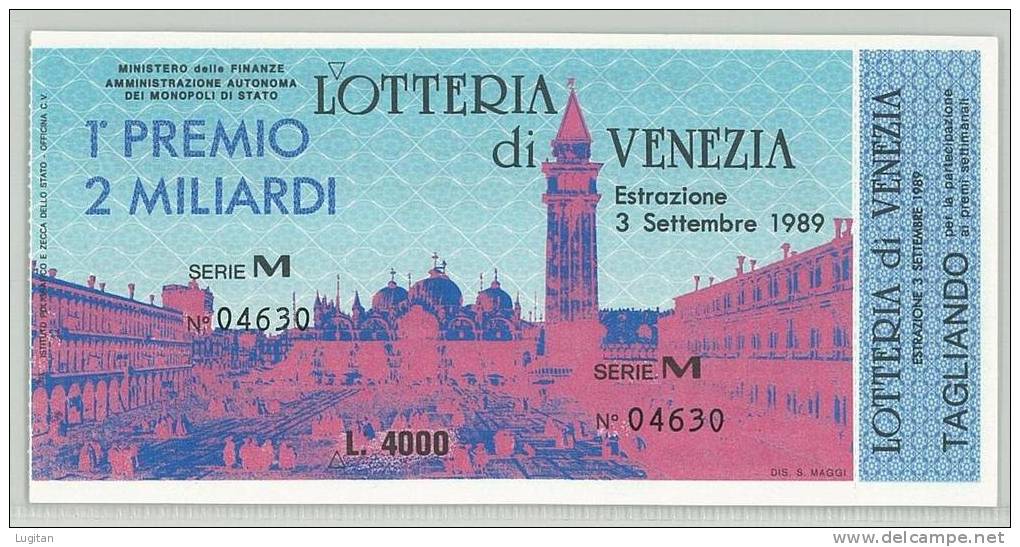 BIGLIETTO LOTTERIA - LOTTERIA DI VENEZIA  ANNO 1989 - FDS - FIOR DI STAMPA SERIE M - 2 MILIARDI - Biglietti Della Lotteria