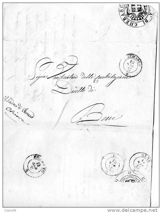 1857 STORIA POSTALE LETTERA CON ANNULLO GHERASCO + BENE CUNEO - 1. ...-1850 Prefilatelia