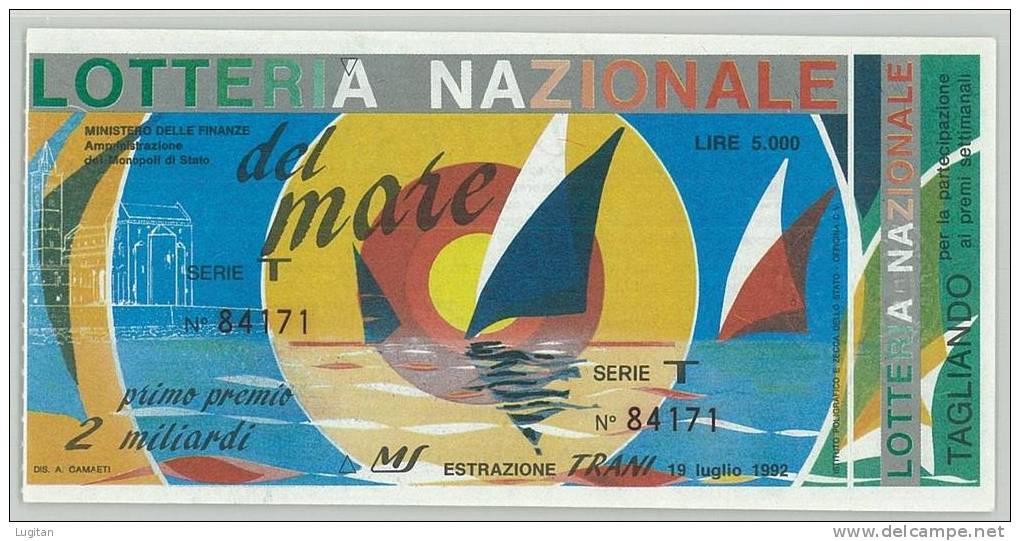 BIGLIETTO LOTTERIA - LOTTERIA NAZIONALE  DEL MARE  ANNO 1992 - FDS - FIOR DI STAMPA SERIE  T - 2 MILIARDI - Biglietti Della Lotteria