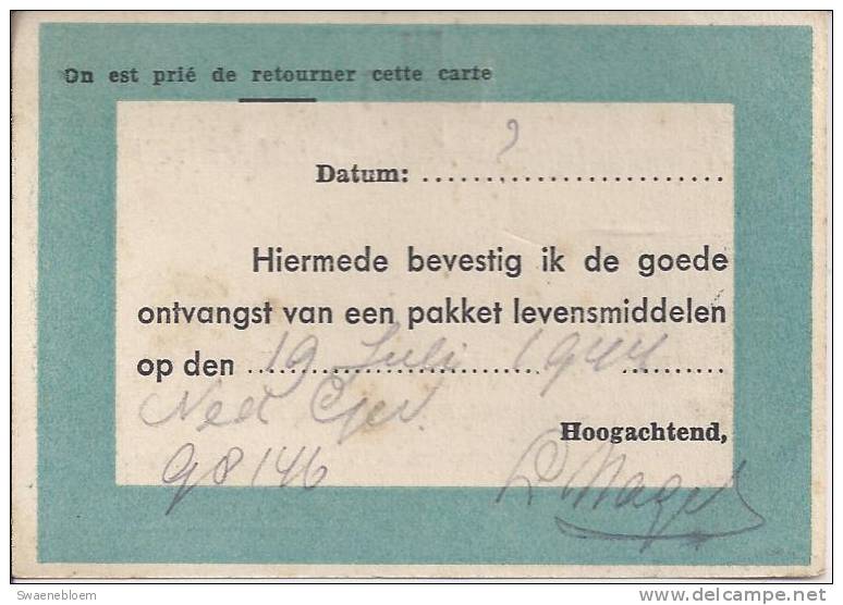 NL.- Militair - 1944 - Kriegsgefangenenpost - Gebührenfrei! - Ontvangsbevestiging Van Een Pakket Levensmiddelen. - 1939-45