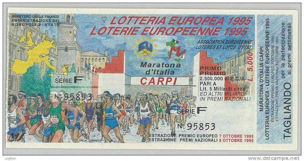 BIGLIETTO LOTTERIA - LOTTERIA  EUROPEA  CARPI  ANNO 1995 - FDS - FIOR DI STAMPA SERIE  F  - 2,500 MILIONI DI ECU - Biglietti Della Lotteria