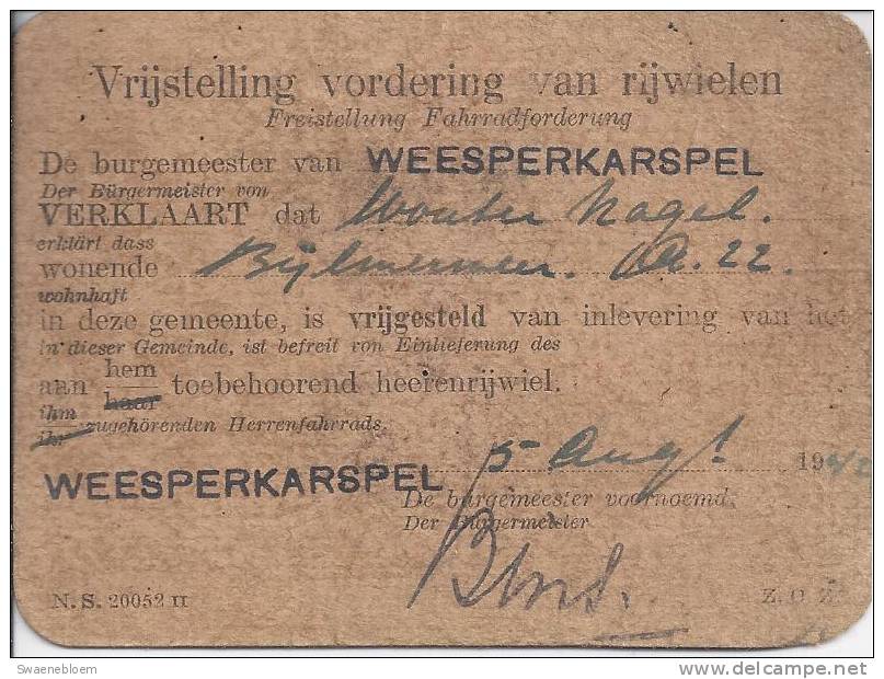 NL.- Militair - 05-08-1942 - Vrijstelling Vordering Van Rijwielen. Weesperkarspel - 1939-45