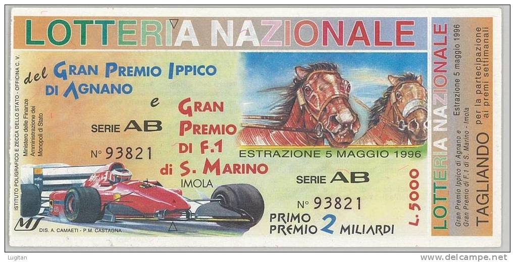 BIGLIETTO LOTTERIA - LOTTERIA  NAZIONALE AGNANO  ANNO 1996 - FDS - FIOR DI STAMPA SERIE  AB - 2 MILIARDI - Biglietti Della Lotteria