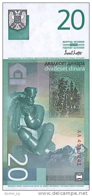 YUGOSLAVIA:  20 Dinara, 2000  UNC  *P-154  Last YU Banknote ! - Joegoslavië