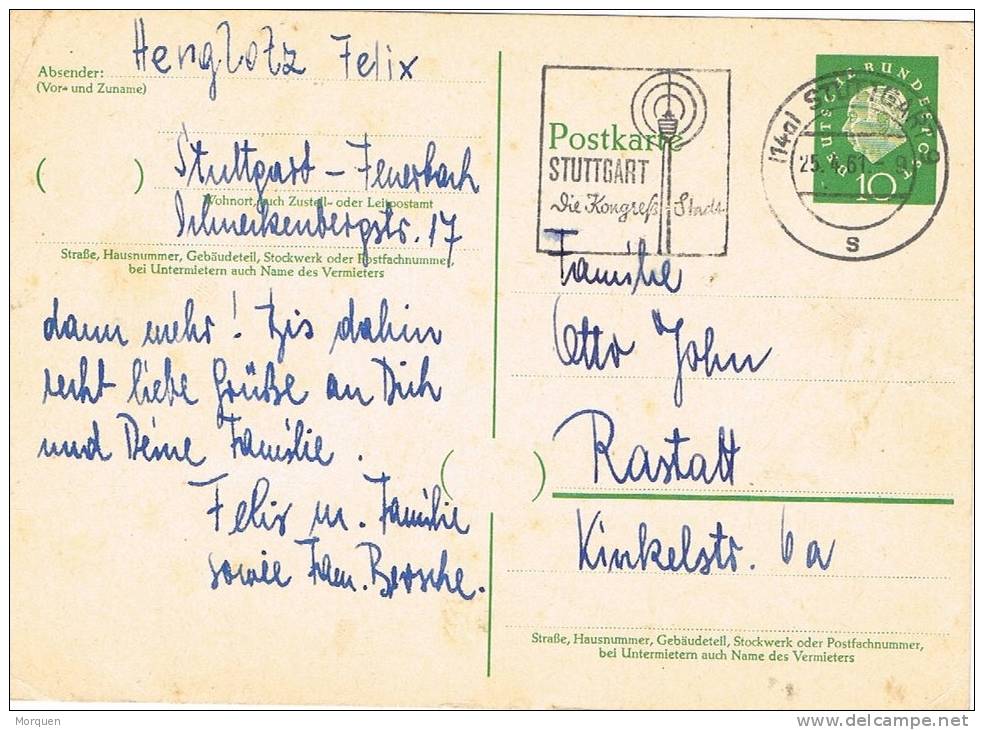 2494. Tarjeta Entero Postal STUTTGART  (alemania)1961. Kongress Stadt - Postkaarten - Gebruikt