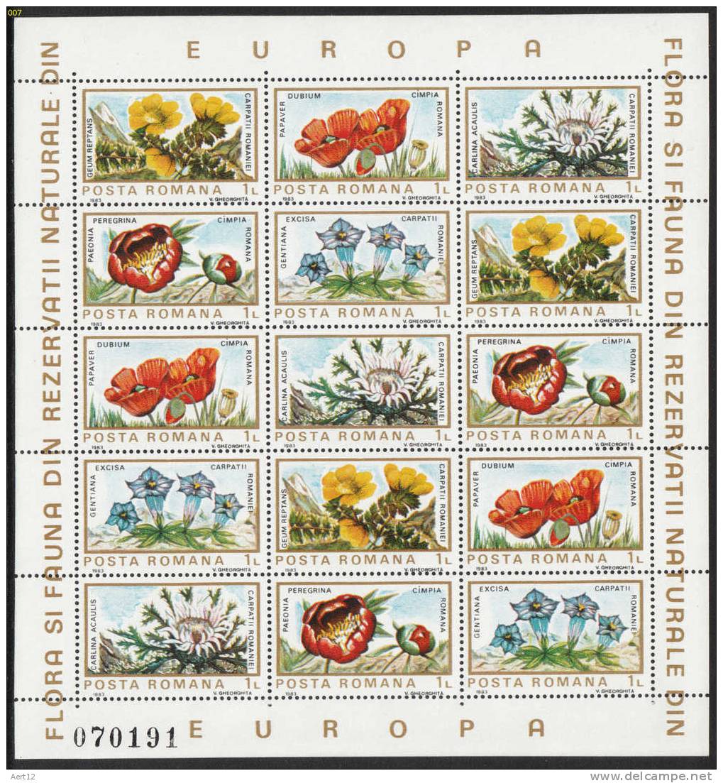 ROMANIA, 1983, Flora & Fauna; European Nature Conservation; Flowers, 2 Sheet, 15 Stamps/sheets, Mint - Ungebraucht