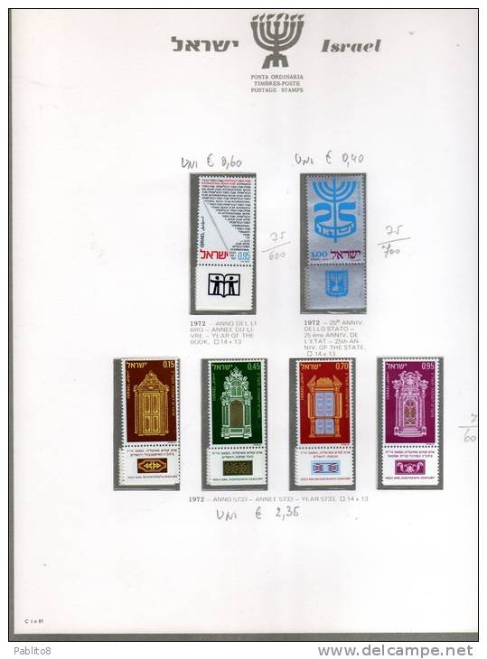 ISRAELE  1972 ANNO COMPLETO  MONTATO SU FOGLIO GBE MNH  - ISRAEL COMPLETE YEAR MOUNTED ON SHEET GBE