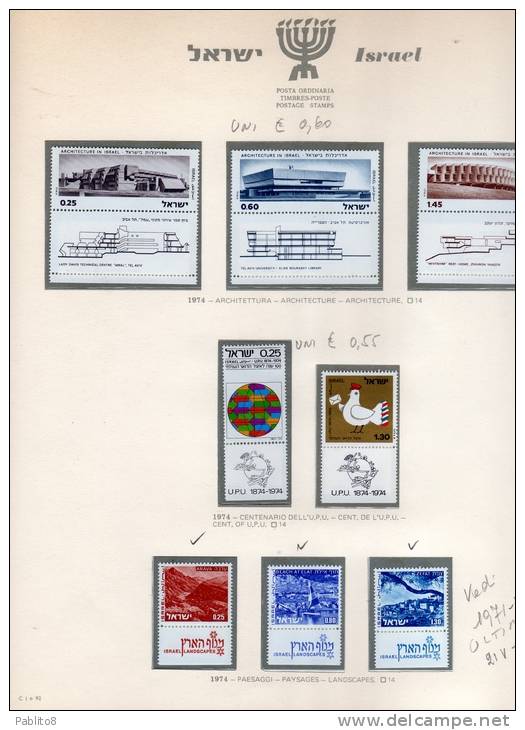 ISRAELE  1974 ANNO COMPLETO  MONTATO SU FOGLIO GBE MNH  - ISRAEL COMPLETE YEAR MOUNTED ON SHEET GBE - Full Years