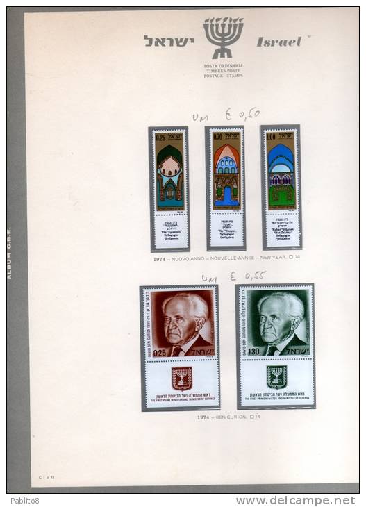 ISRAELE  1974 ANNO COMPLETO  MONTATO SU FOGLIO GBE MNH  - ISRAEL COMPLETE YEAR MOUNTED ON SHEET GBE - Full Years