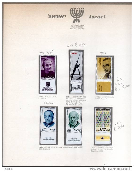 ISRAEL - ISRAELE  1981 ANNO COMPLETO  MONTATO SU FOGLIO GBE MNH  - ISRAEL COMPLETE YEAR MOUNTED ON SHEET GBE - Années Complètes