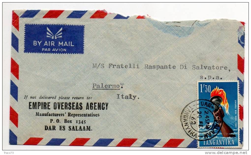 TANGANYIKA  /  ITALIA  (Palermo)  - Cover_Lettera  1962 - AIR MAIL - Tanzanie (1964-...)