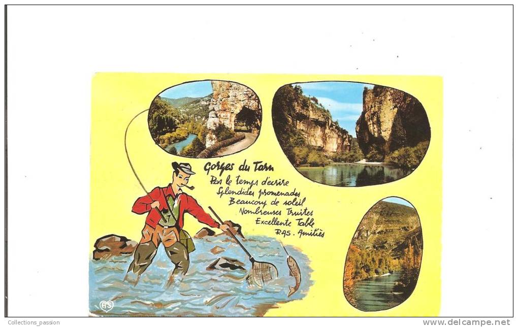 CP, Pêche, Gorges Du Tarn, Tunnel De La Croze, Les Détroits, Dessin Et Texte, 1979, Voyagée - Angelsport