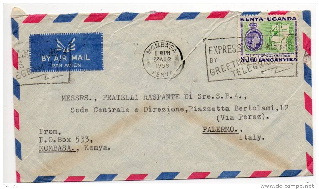 KENYA-UGANDA  /  ITALIA  (Palermo)  - Cover_Lettera  1958 - AIR MAIL - Kenya, Uganda & Tanganyika