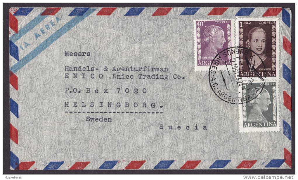 Argentina Airmail Via Aerea Deluxe BUENOS AIRES 1953 Cover Frontside Only HELSINGBORG Sweden Suecia 3 Eva Peron Stamps - Poste Aérienne