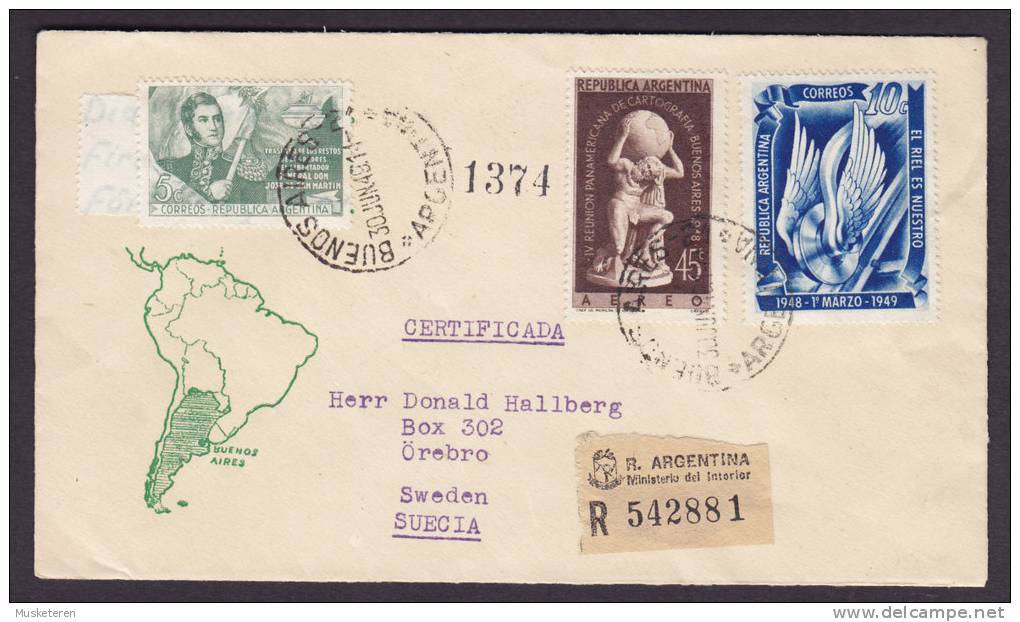 Argentina Registered Certificada Recommandée Einschreiben MINISTERIO Del INTERIOR 1949 Cover To Sweden San Martin - Lettres & Documents