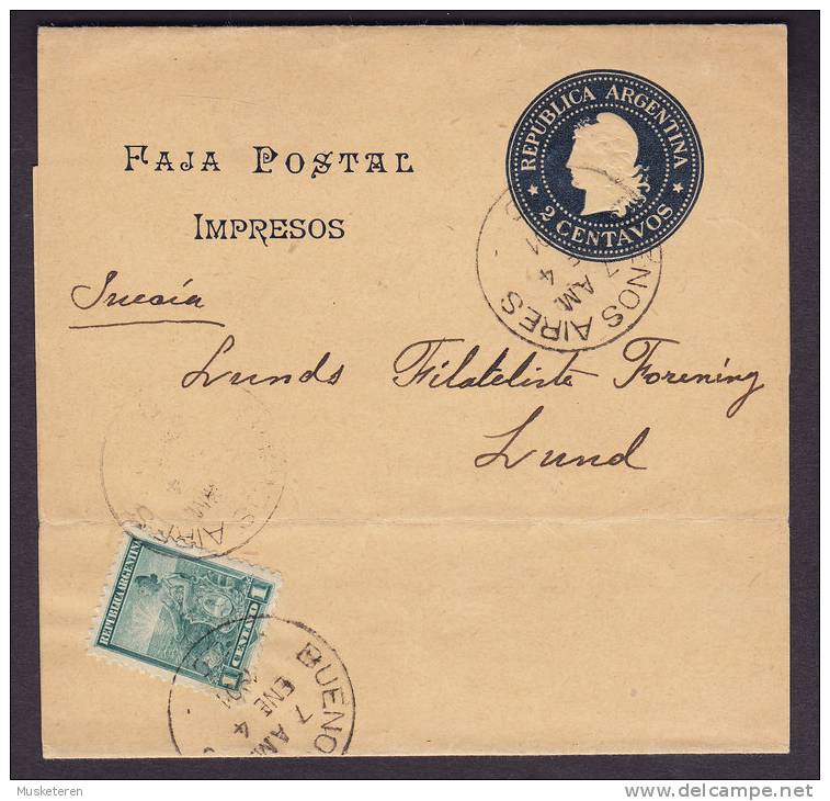 Argentina Uprated Postal Stationery Ganzsache Entier Journal Wrapper BUENOS AIRES 1901 To LUND Sweden (2 Scans) - Enteros Postales