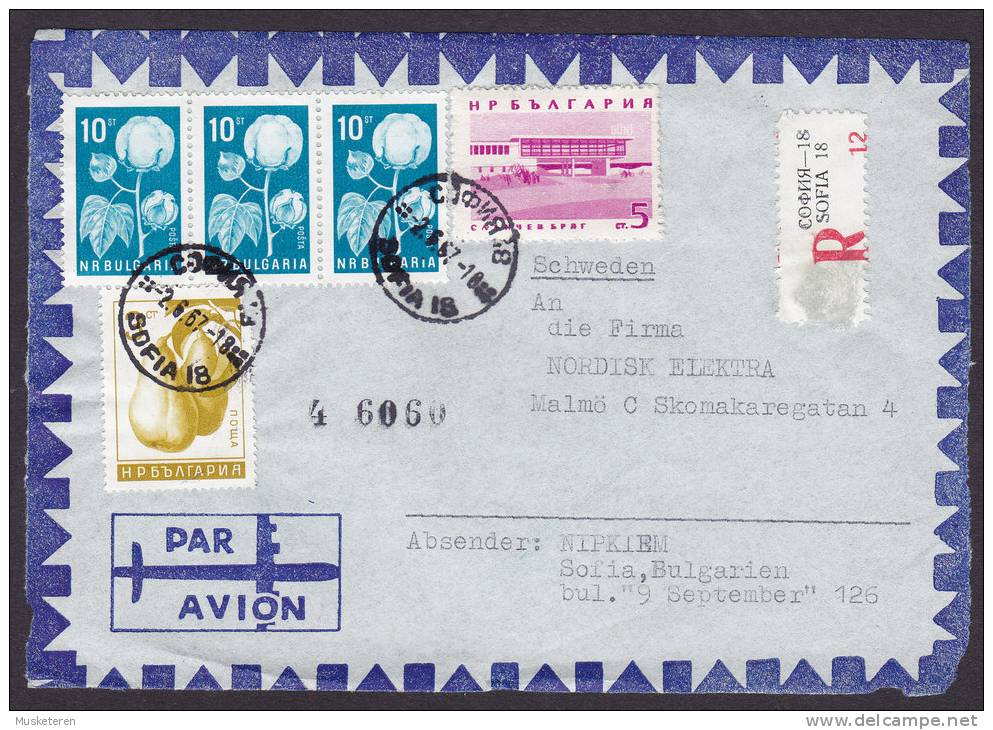 Bulgaria Airmail Par Avion Registered Recommandée Einschreiben SOFIA Label 1967 Cover Frontside To Sweden - Poste Aérienne