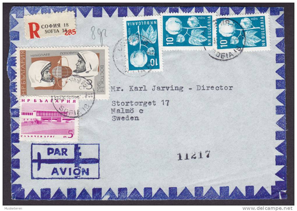 Bulgaria Airmail Par Avion Registered Recommandée Einschreiben SOFIA Label 1967 Cover Frontside Sweden Astronauts Stamp - Poste Aérienne