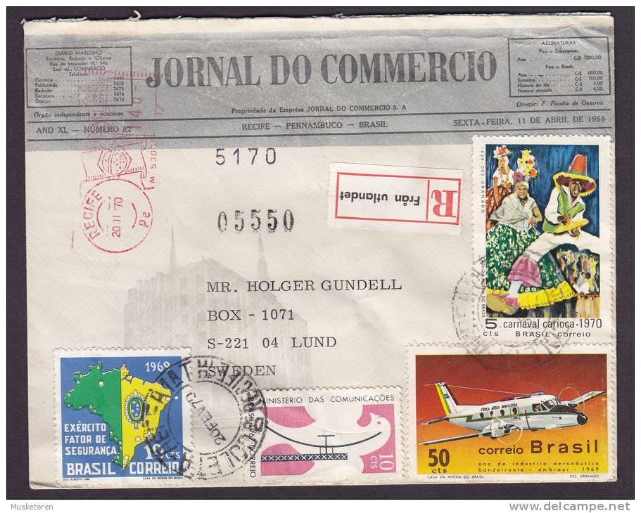 Brazil Registered Recommandée Einschreiben JOURNAL DO COMMERCIO Stamps & Meter Stamp CRECIFE 1970 Cover To LUND Sweden - Lettres & Documents