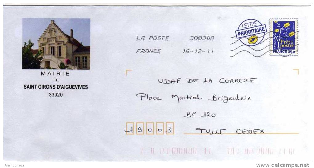 Entier Postal PAP Repiqué Gironde Mairie De Saint Girons D'Aiguevives Architecture Toit - PAP: Private Aufdrucke