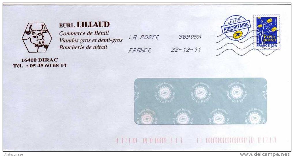 Entier Postal PAP Repiqué Charente Dirac Boucherie Vache Fleur - PAP: Private Aufdrucke