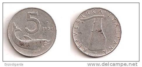 5 Lire – Italie – 1954 – Dauphin – Aluminium – Etat TB – KM 92 - 5 Lire