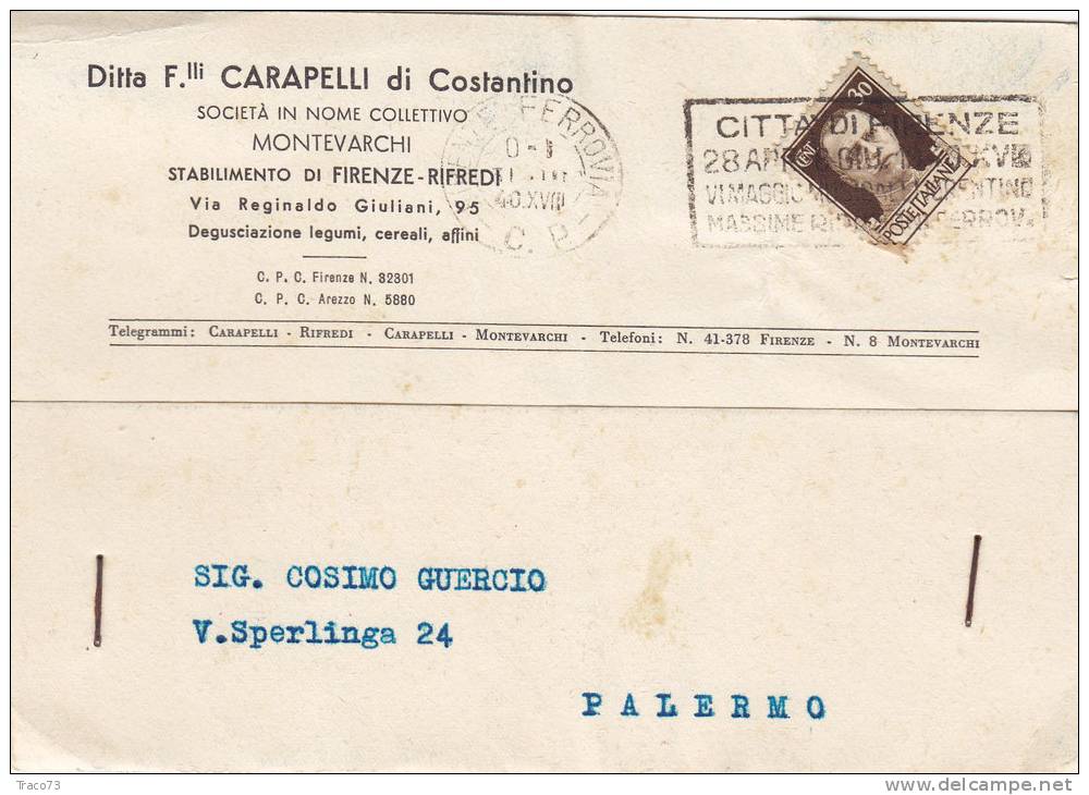 FIRENZE-RIFREDI  /  PALERMO  - Card_ Cartolina Pubblicitaria "Ditta CARAPELLI " 1940  - Cent. 30 Isolato - Reklame