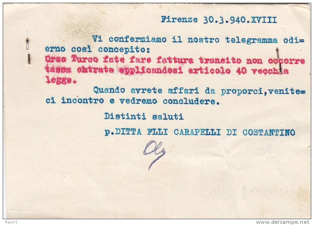 FIRENZE-RIFREDI  /  PALERMO  - Card_ Cartolina Pubblicitaria "Ditta CARAPELLI " 1940  - Cent. 30 Isolato - Publicité