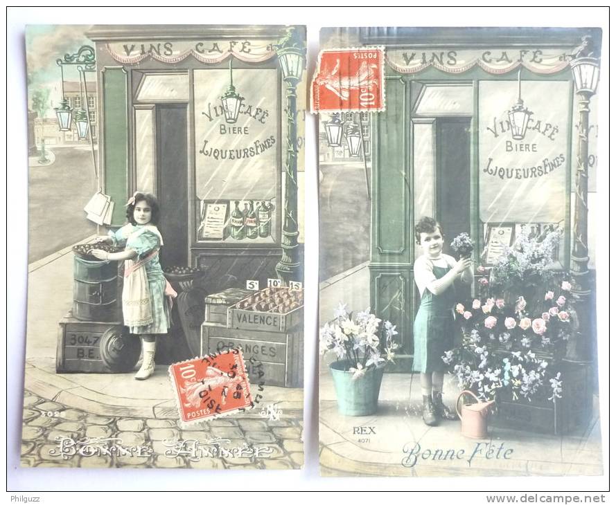 CPA - Série Complète - 2 Cartes - Bonne Fête Et Année VIN CAFE PETITS MARCHANDS - 1904 - FLEURS EPICERIE - REX - Autres & Non Classés